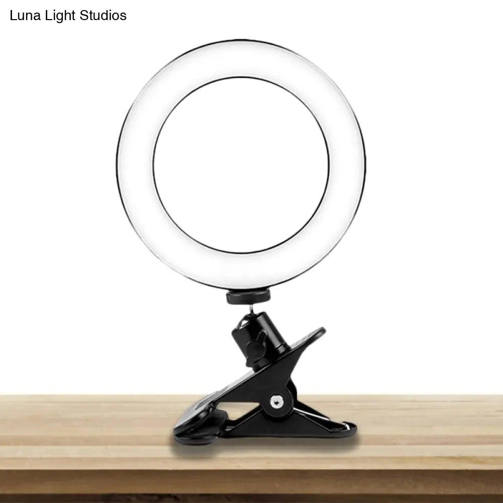 Black Usb Led Fill Lamp With Tripod Stand - Minimalist Metallic Design And Circular Shade Mirror