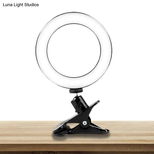 Black Usb Led Fill Lamp With Tripod Stand - Minimalist Metallic Design And Circular Shade Mirror