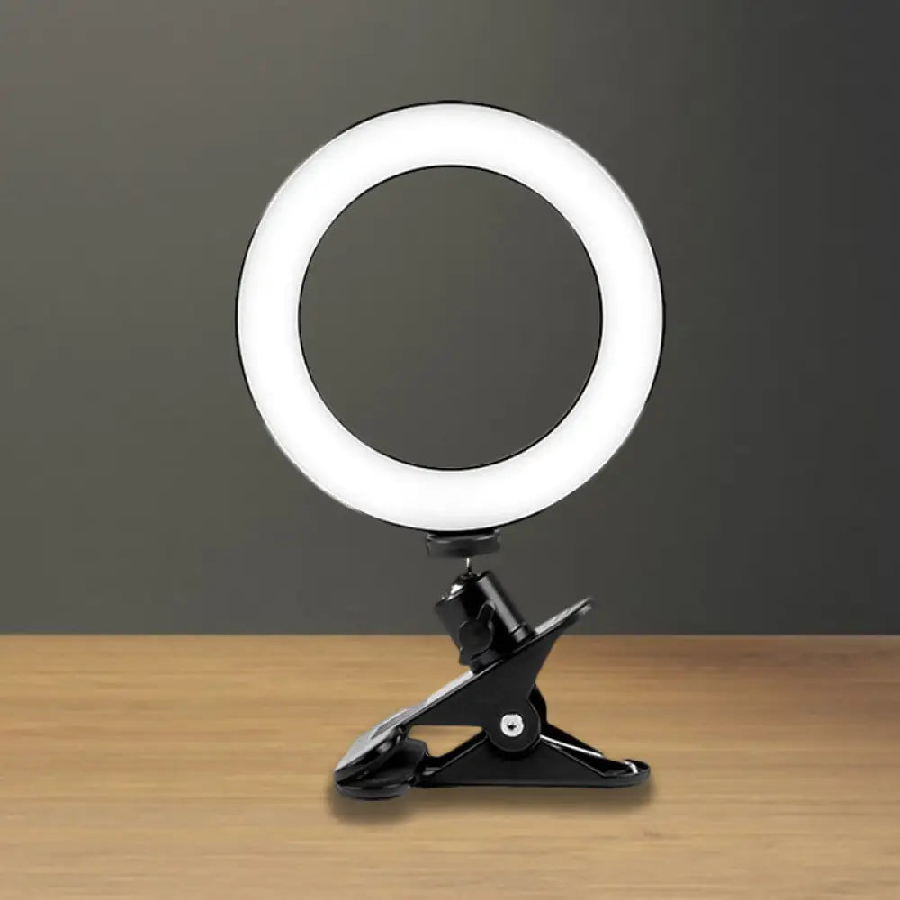 Black Usb Led Fill Lamp With Tripod Stand - Minimalist Metallic Design And Circular Shade Mirror /