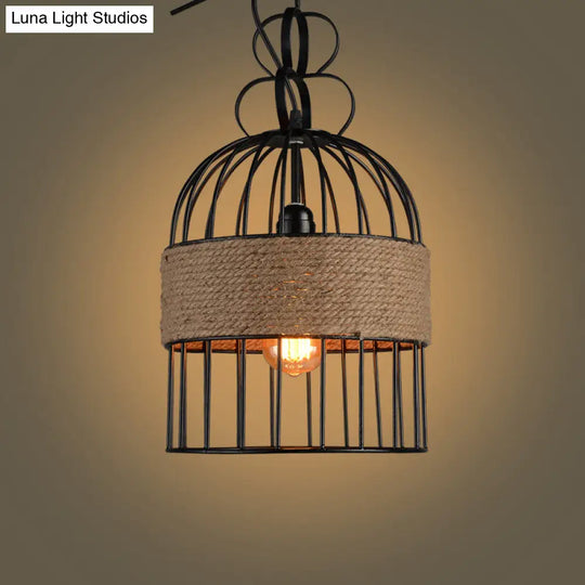Black Iron Vintage Birdcage Pendant Lamp With Single-Bulb And Hemp Rope / Small