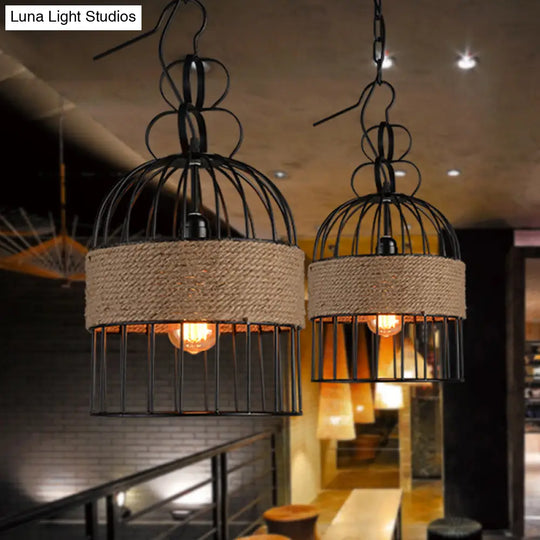 Black Vintage Birdcage Pendant Lamp With Hemp Rope