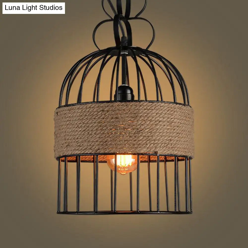 Black Iron Vintage Birdcage Pendant Lamp With Single-Bulb And Hemp Rope