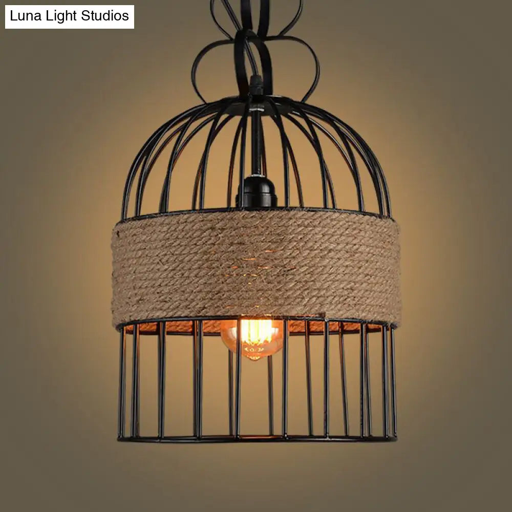Black Vintage Birdcage Pendant Lamp With Hemp Rope