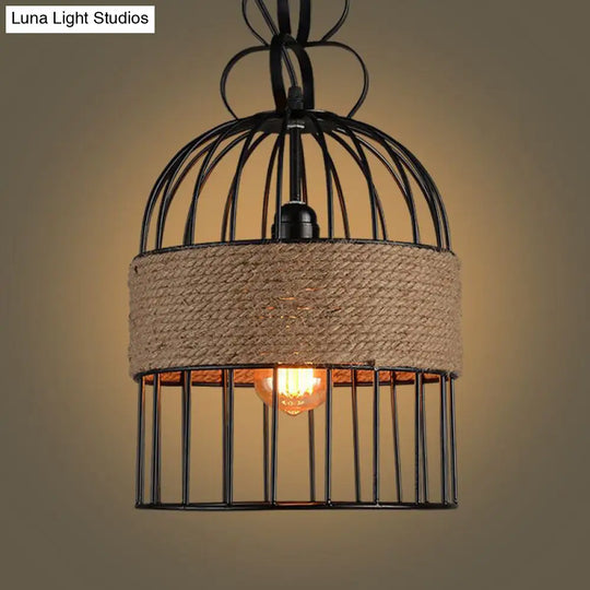 Black Vintage Birdcage Pendant Lamp With Hemp Rope