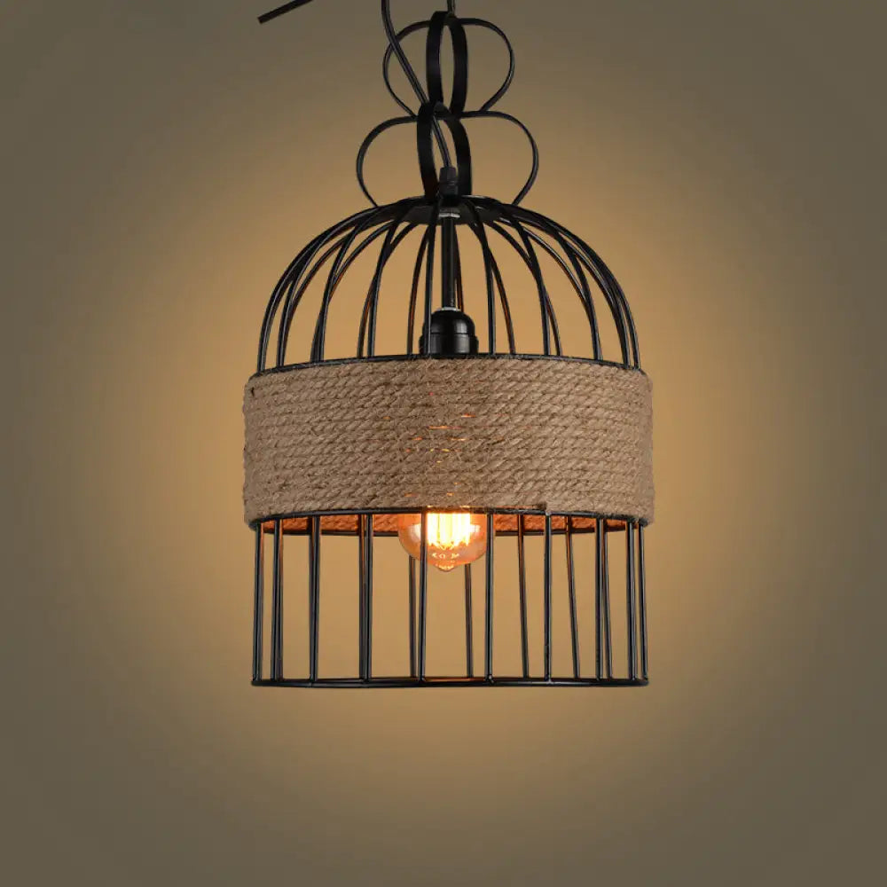 Black Vintage Birdcage Pendant Lamp With Hemp Rope / Small