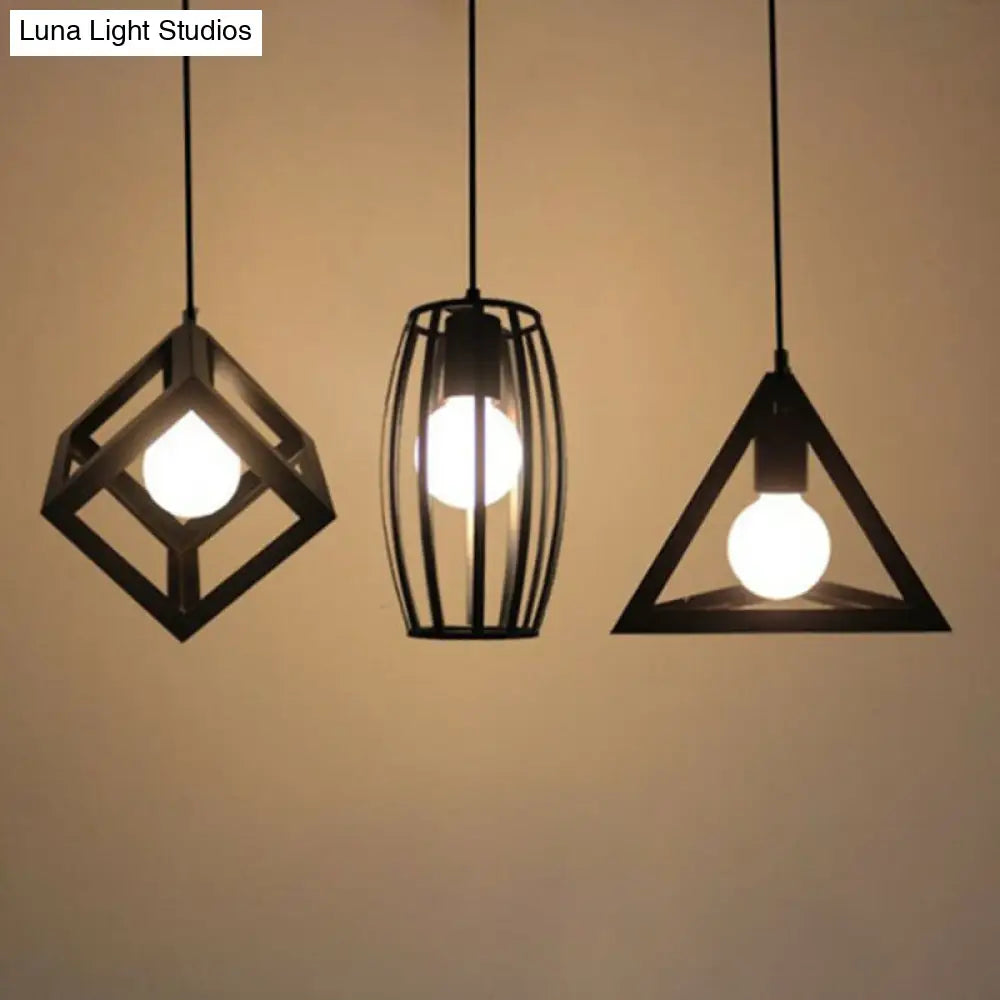 Black Vintage Geometric Pendant Ceiling Light - Single-Bulb Metal Suspension Lamp