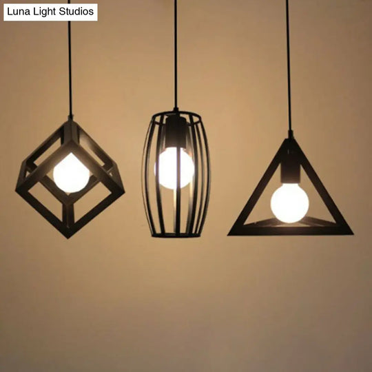 Black Vintage Geometric Pendant Ceiling Light - Single-Bulb Metal Suspension Lamp