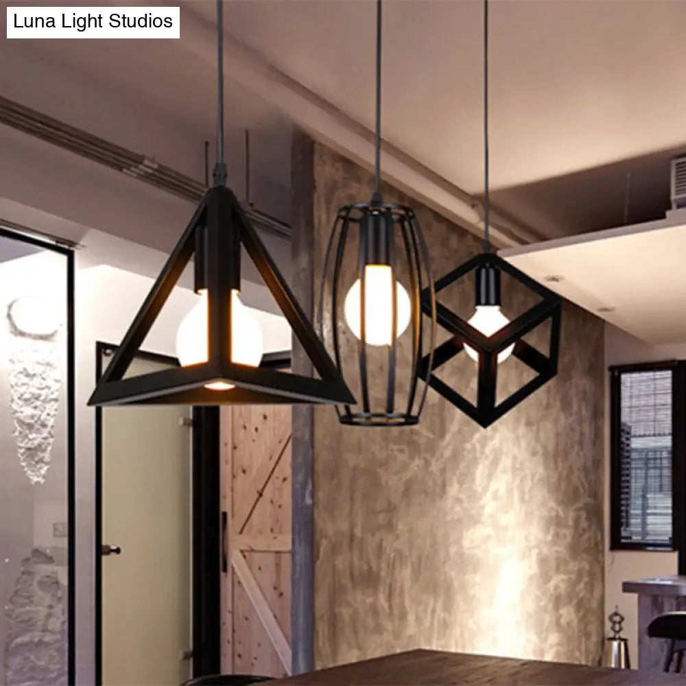 Black Vintage Geometric Pendant Ceiling Light - Single-Bulb Metal Suspension Lamp / C