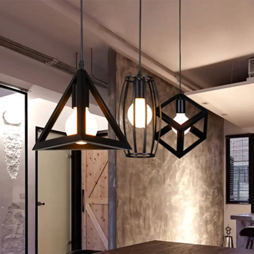 Black Vintage Geometric Pendant Ceiling Light - Single Bulb Metal Lamp / C