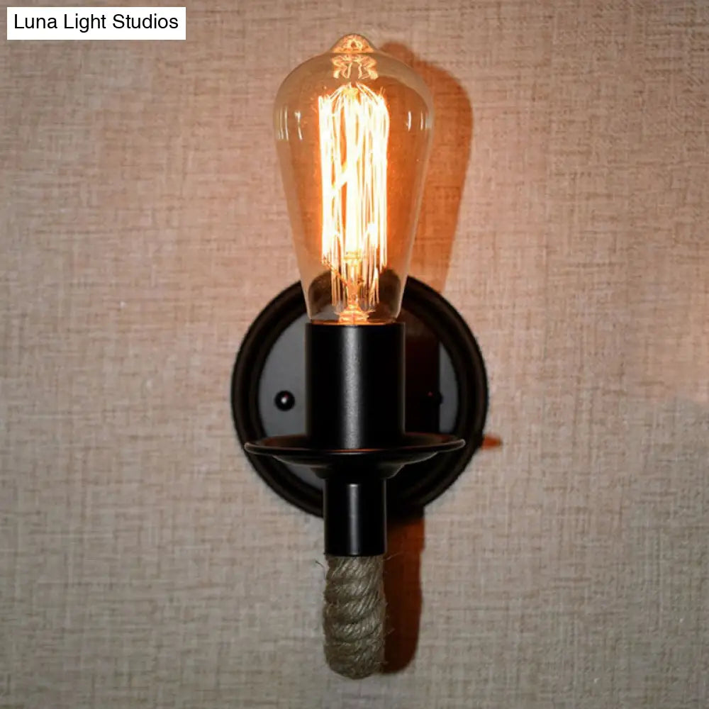 Black Wall Light With Curved Rope Arm - Lodge Metal Oval/Round Backplate And 1 Bulb