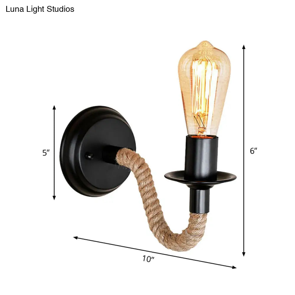 Black Wall Light With Curved Rope Arm - Lodge Metal Oval/Round Backplate And 1 Bulb