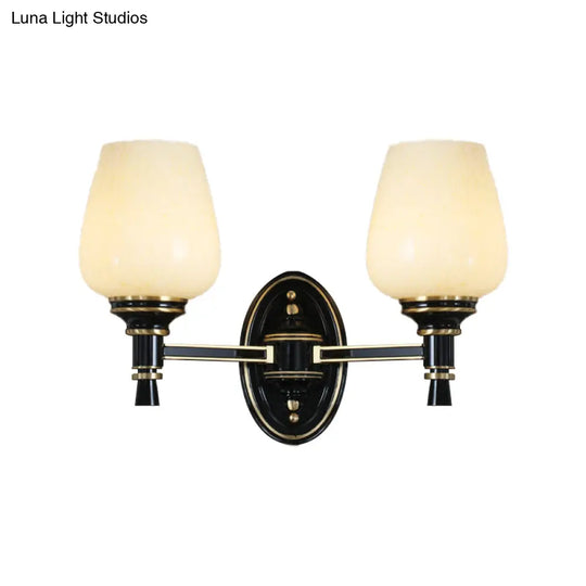 Black Wall-Mounted Sconce Light With Cone White Glass Shade - Traditional Living Room Lighting