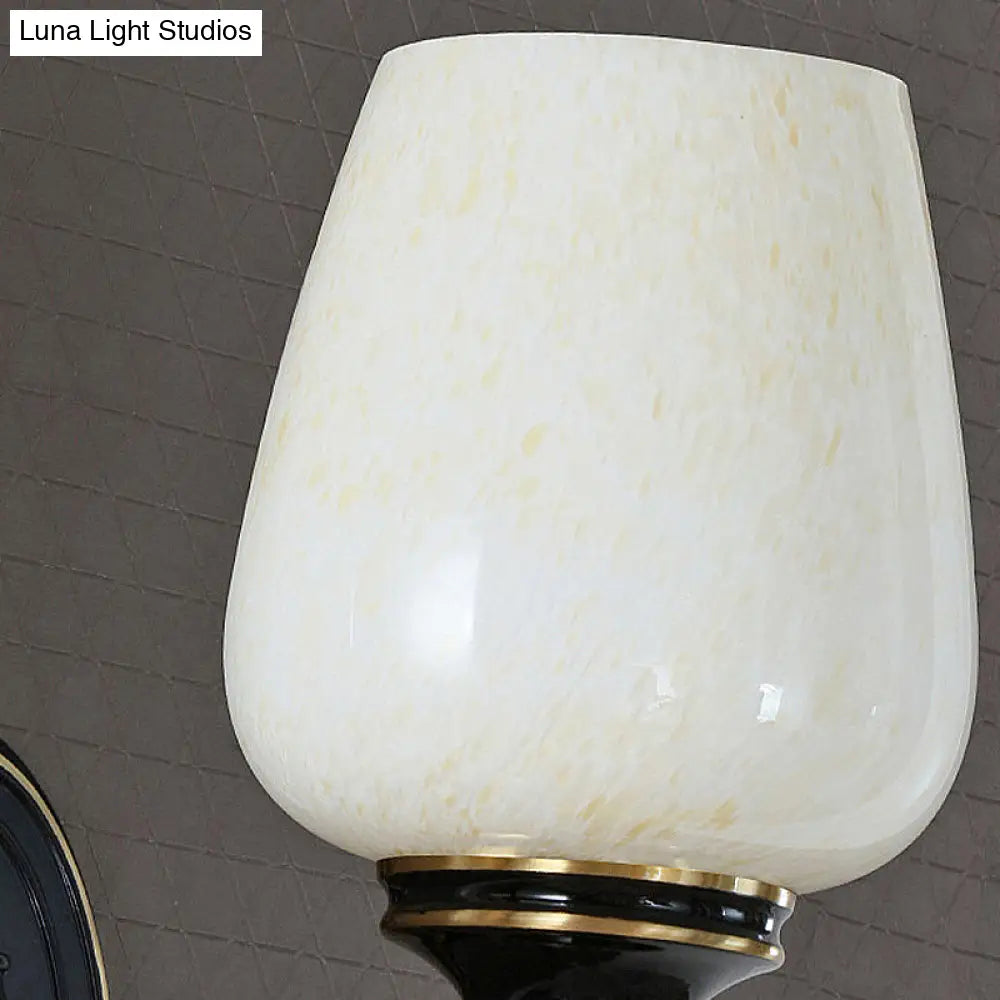 Black Wall-Mounted Sconce Light With Cone White Glass Shade - Traditional Living Room Lighting