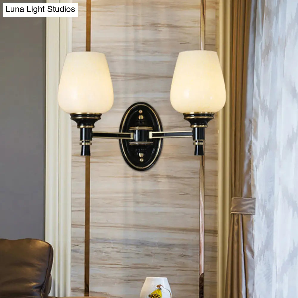 Black Wall-Mounted Sconce Light With Cone White Glass Shade - Traditional Living Room Lighting