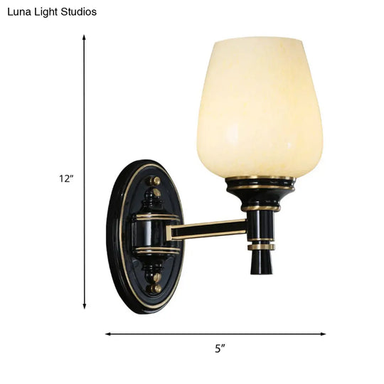 Black Wall-Mounted Sconce Light With Cone White Glass Shade - Traditional Living Room Lighting