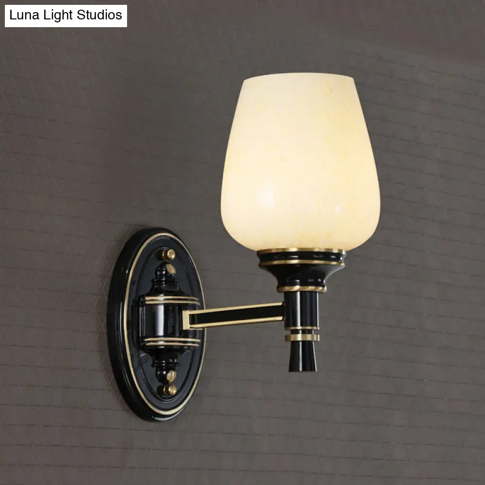 Black Wall-Mounted Sconce Light With Cone White Glass Shade - Traditional Living Room Lighting