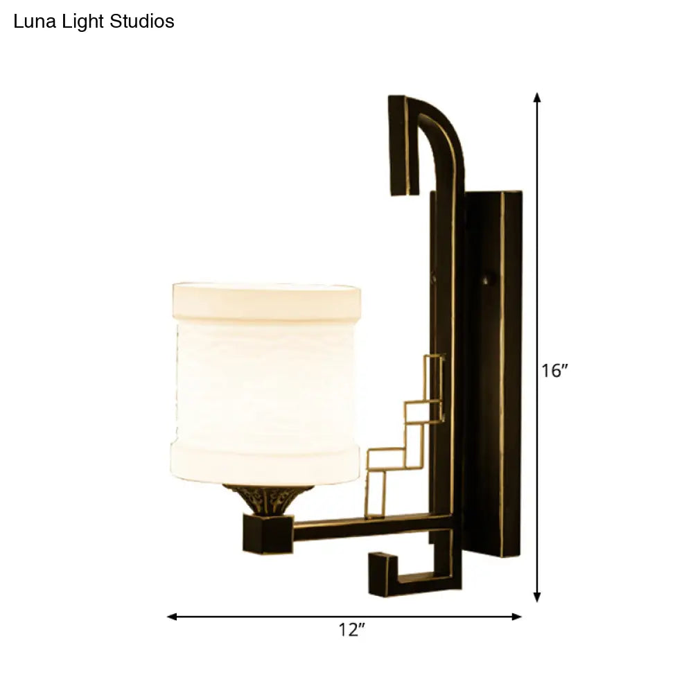 Black Wall Mounted Traditional Metal Cylinder Sconce With Fabric Shade - Perfect For Corridors