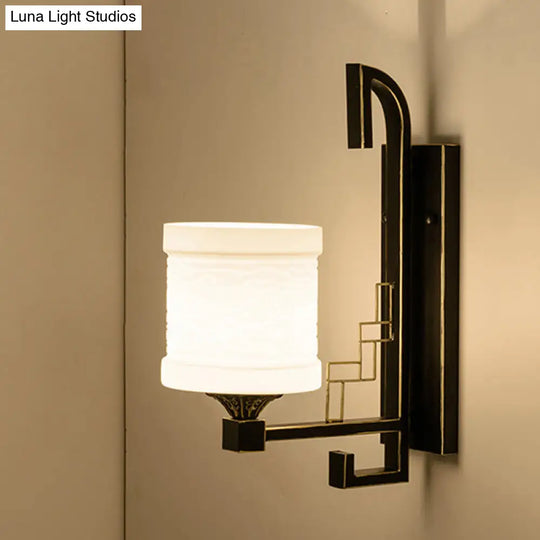 Black Wall Mounted Traditional Metal Cylinder Sconce With Fabric Shade - Perfect For Corridors