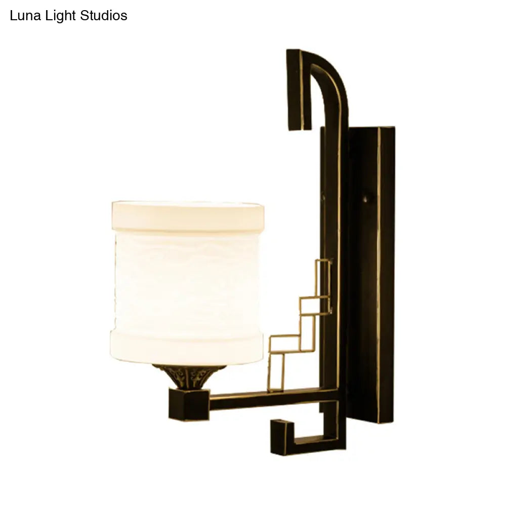 Black Wall Mounted Traditional Metal Cylinder Sconce With Fabric Shade - Perfect For Corridors