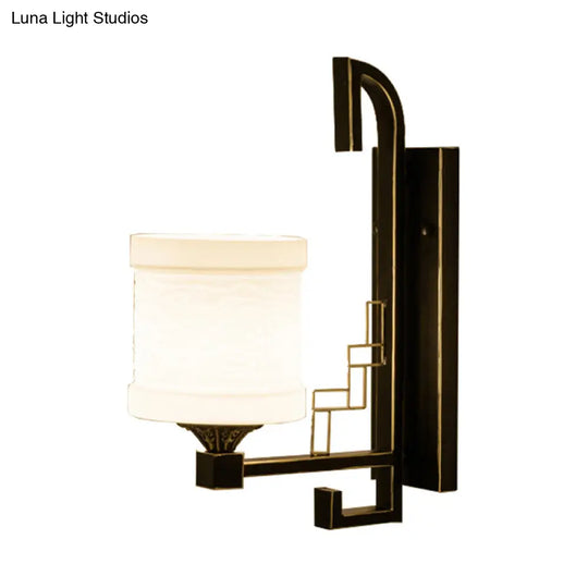 Black Wall Mounted Traditional Metal Cylinder Sconce With Fabric Shade - Perfect For Corridors