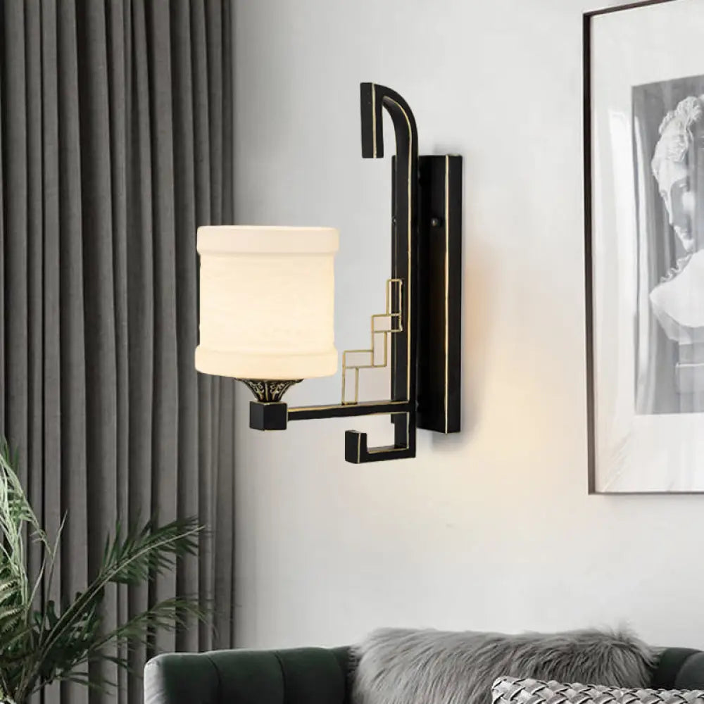 Black Wall Mounted Traditional Metal Cylinder Sconce With Fabric Shade - Perfect For Corridors