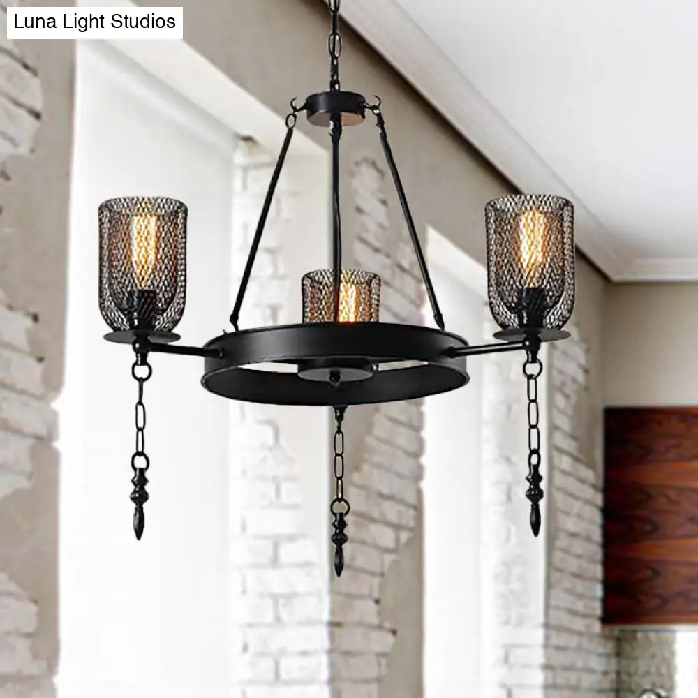 Black Wheel Design Bell Metallic Chandelier - Industrial 3/6 Lights Dining Room Hanging Lamp Kit