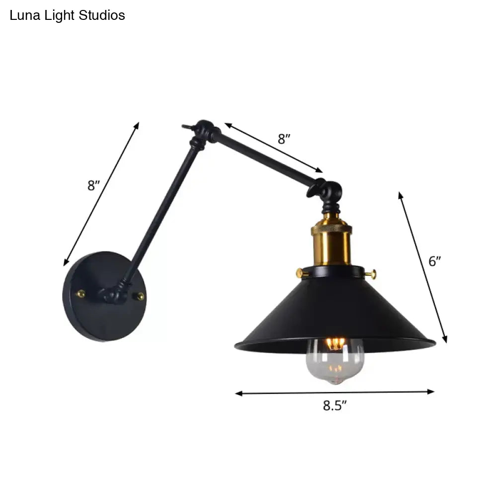 Black/White-Brass Reading Wall Lamp With Swing Arm - Iron Conical 1-Light Factory Lighting