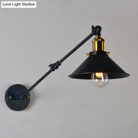 Black/White-Brass Reading Wall Lamp With Swing Arm - Iron Conical 1-Light Factory Lighting