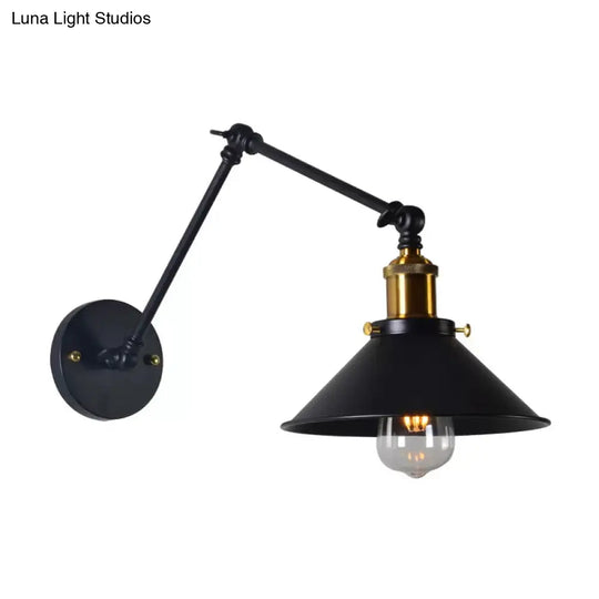 Black/White-Brass Reading Wall Lamp With Swing Arm - Iron Conical 1-Light Factory Lighting