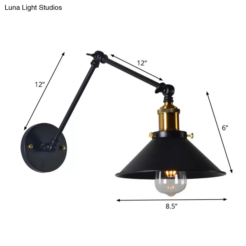 Black/White-Brass Reading Wall Lamp With Swing Arm - Iron Conical 1-Light Factory Lighting