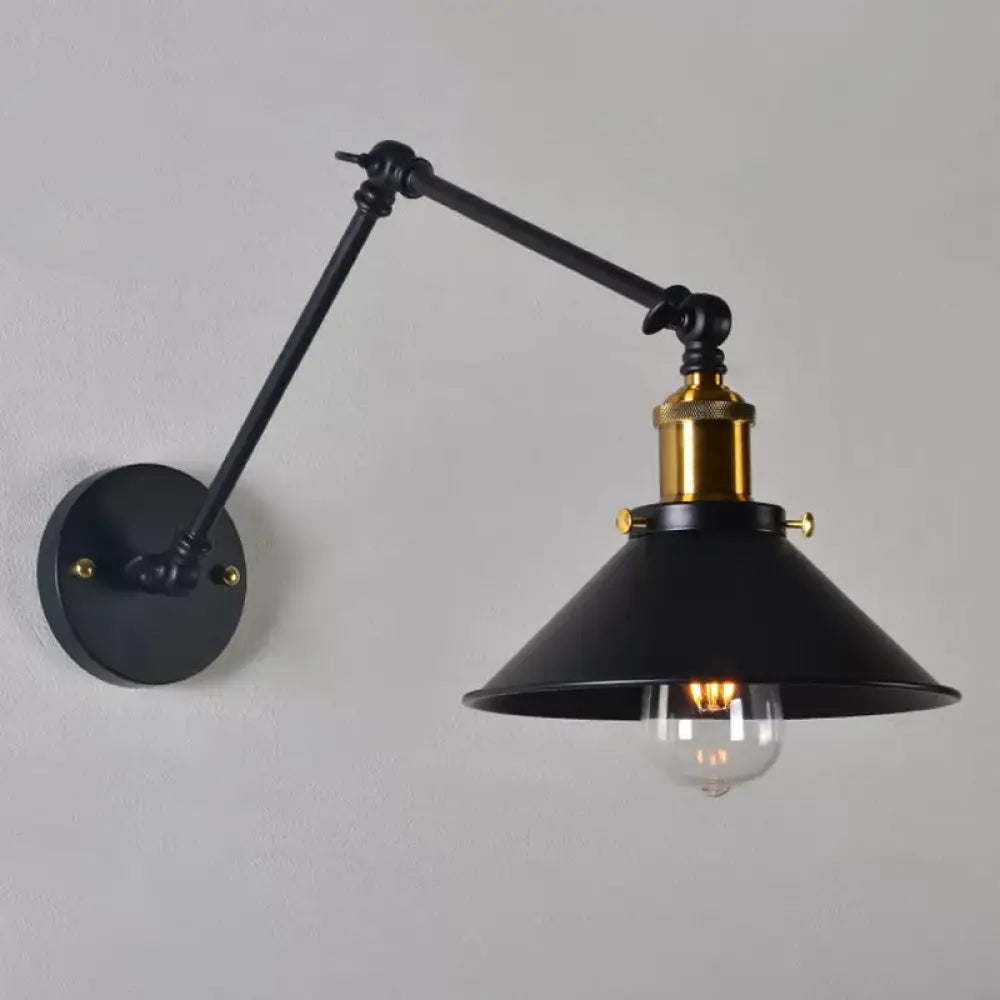 Black/White-Brass Reading Wall Lamp With Swing Arm - Iron Conical 1-Light Factory Lighting Black /