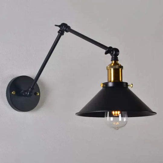 Black/White-Brass Reading Wall Lamp With Swing Arm - Iron Conical 1-Light Factory Lighting Black /