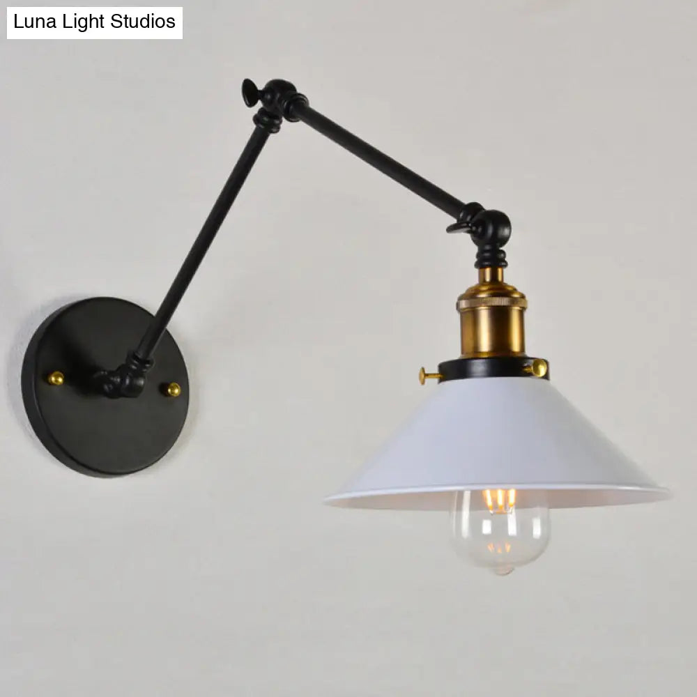 Black/White-Brass Reading Wall Lamp With Swing Arm - Iron Conical 1-Light Factory Lighting