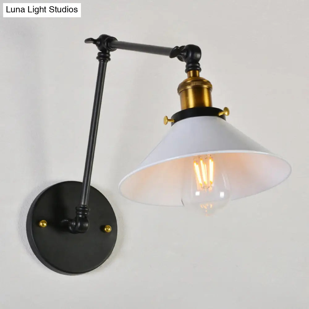 Black/White-Brass Reading Wall Lamp With Swing Arm - Iron Conical 1-Light Factory Lighting