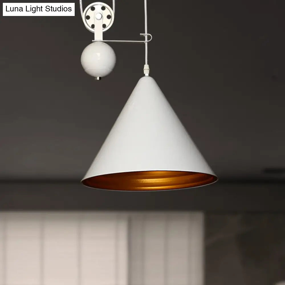 Black/White Conical Hanging Lamp With Pulley - Industrial Style Metal Pendant Lighting