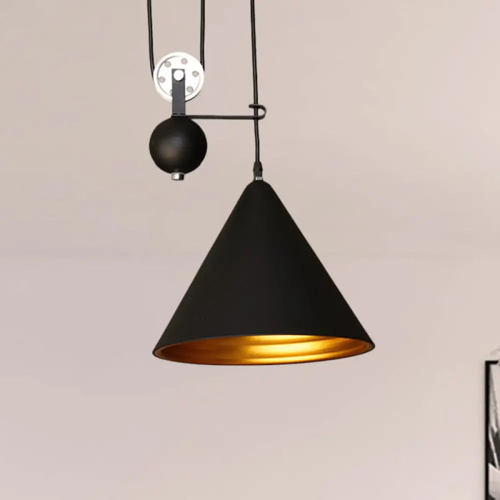 Black/White Conical Hanging Lamp With Pulley - Industrial Style Metal Pendant Lighting Black