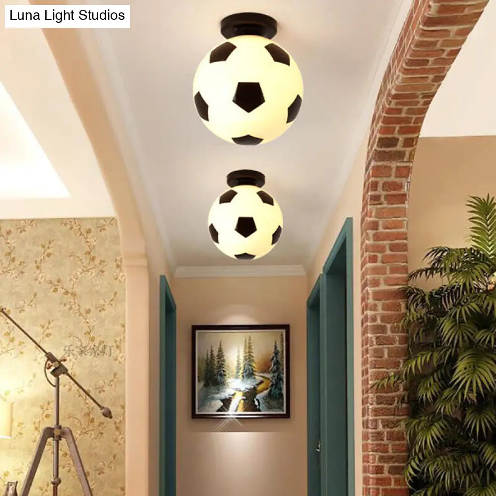 Black & White Glass Soccer Ceiling Light For Sporty Corridors