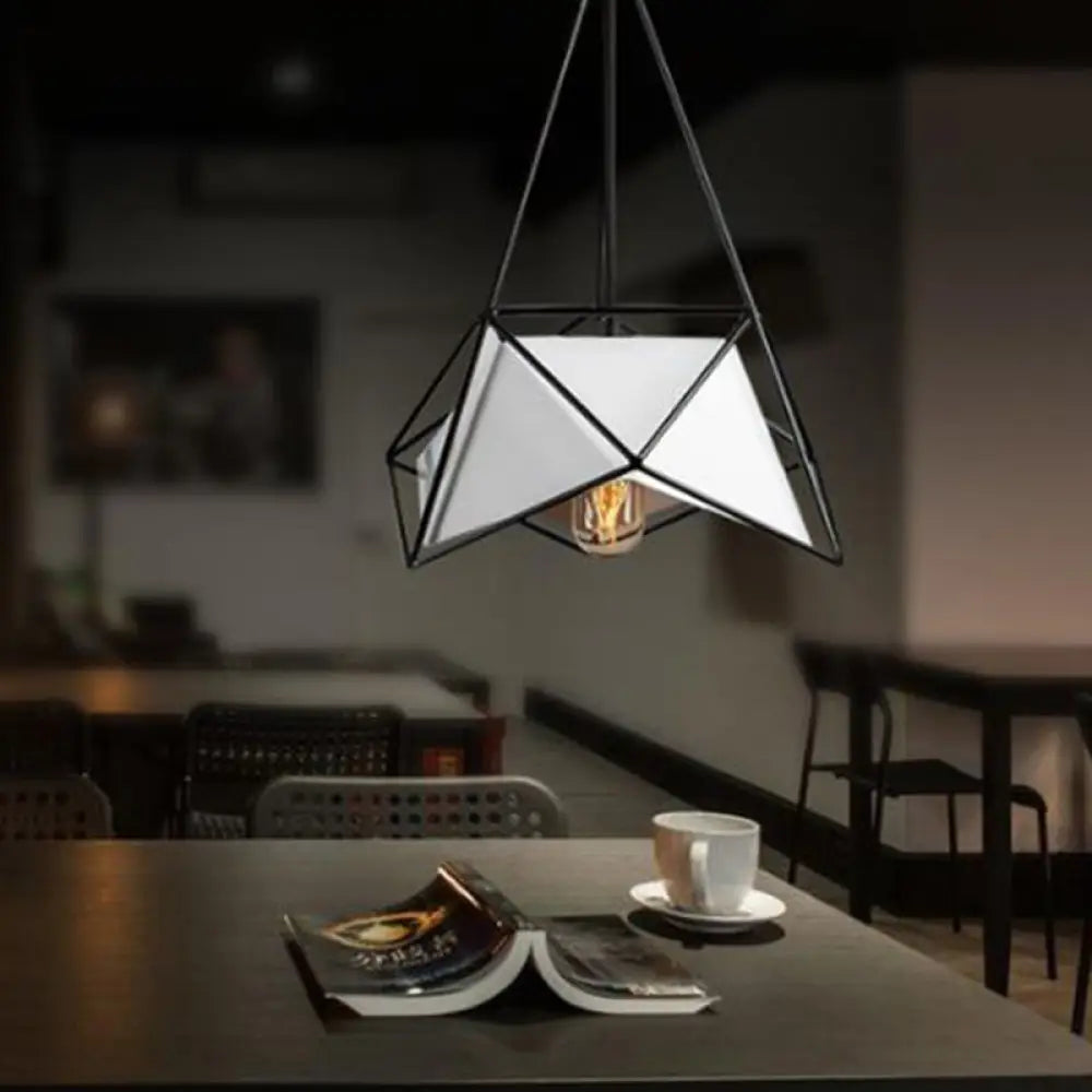 Black/White/Black Gold Polygon Hanging Lamp - Contemporary Design With Wire Cage Shade 1-Light