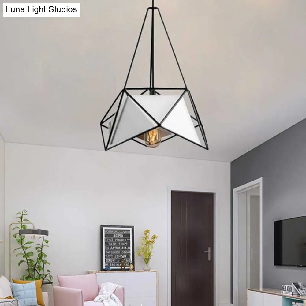 Modern Polygon Hanging Lamp With Wire Cage Shade - 1 Light Pendant For Dining Room In