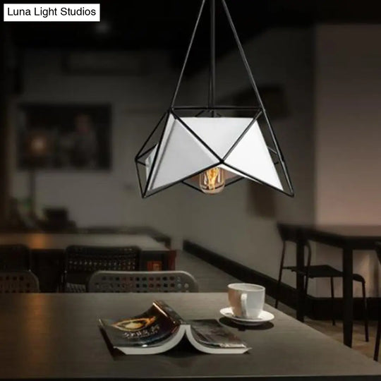 Modern Polygon Hanging Lamp With Wire Cage Shade - 1 Light Pendant For Dining Room In