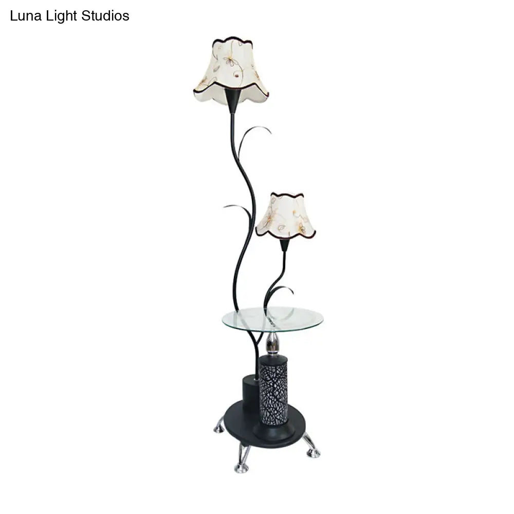 Black/White Iron Branch Standing Lamp With Floral Shade - Countryside Style Floor Light (2 Bulbs)