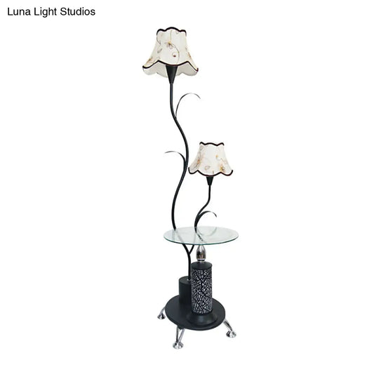 Black/White Iron Branch Standing Lamp With Floral Shade - Countryside Style Floor Light (2 Bulbs)