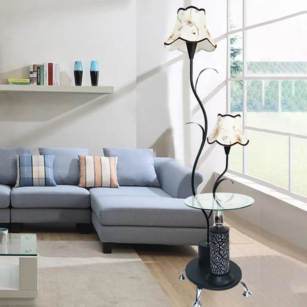 Black/White Iron Branch Standing Lamp With Floral Shade - Countryside Style Floor Light (2 Bulbs)