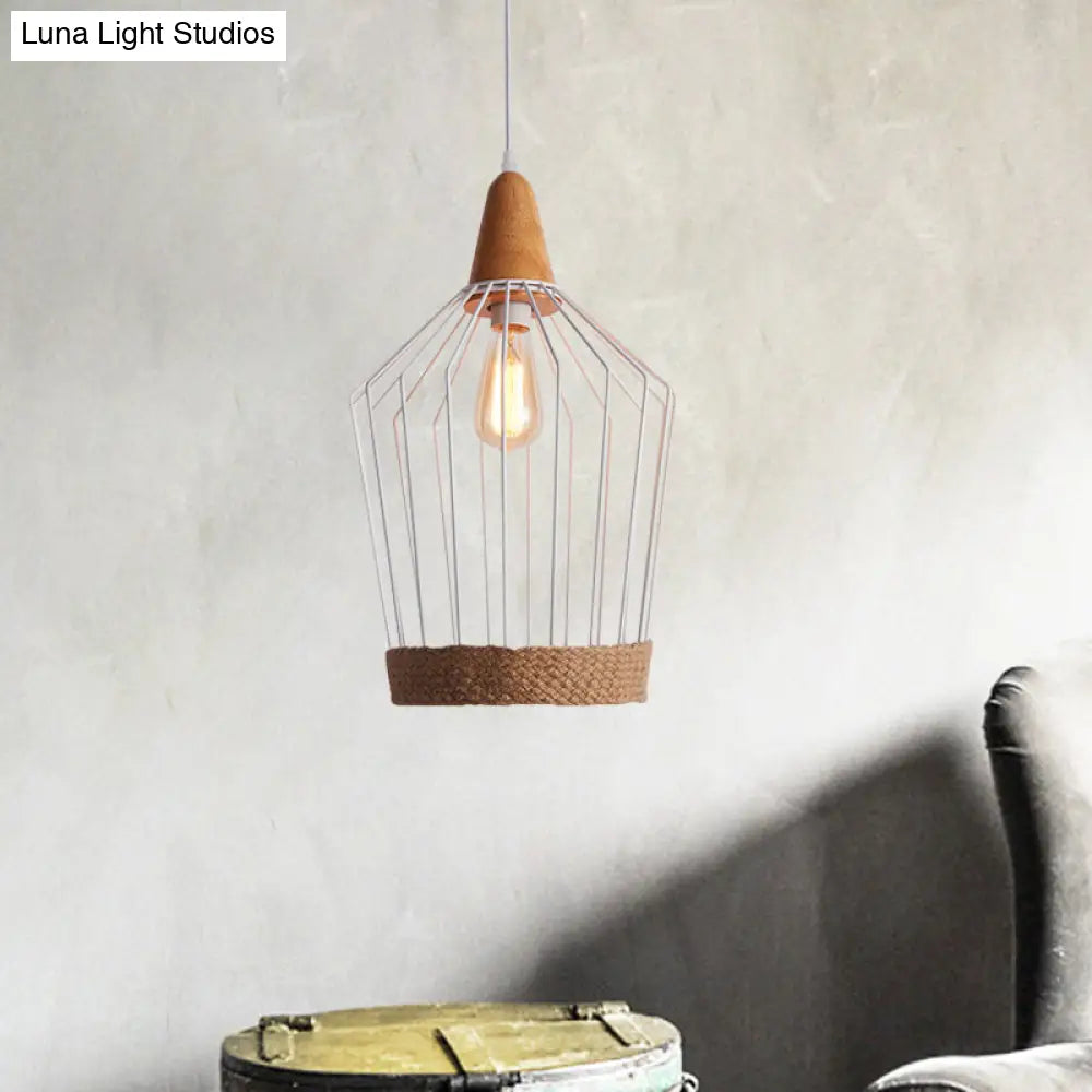 Black/White Metal & Rope Pendant Light - Country Style Tapered Suspension Ideal For Restaurants