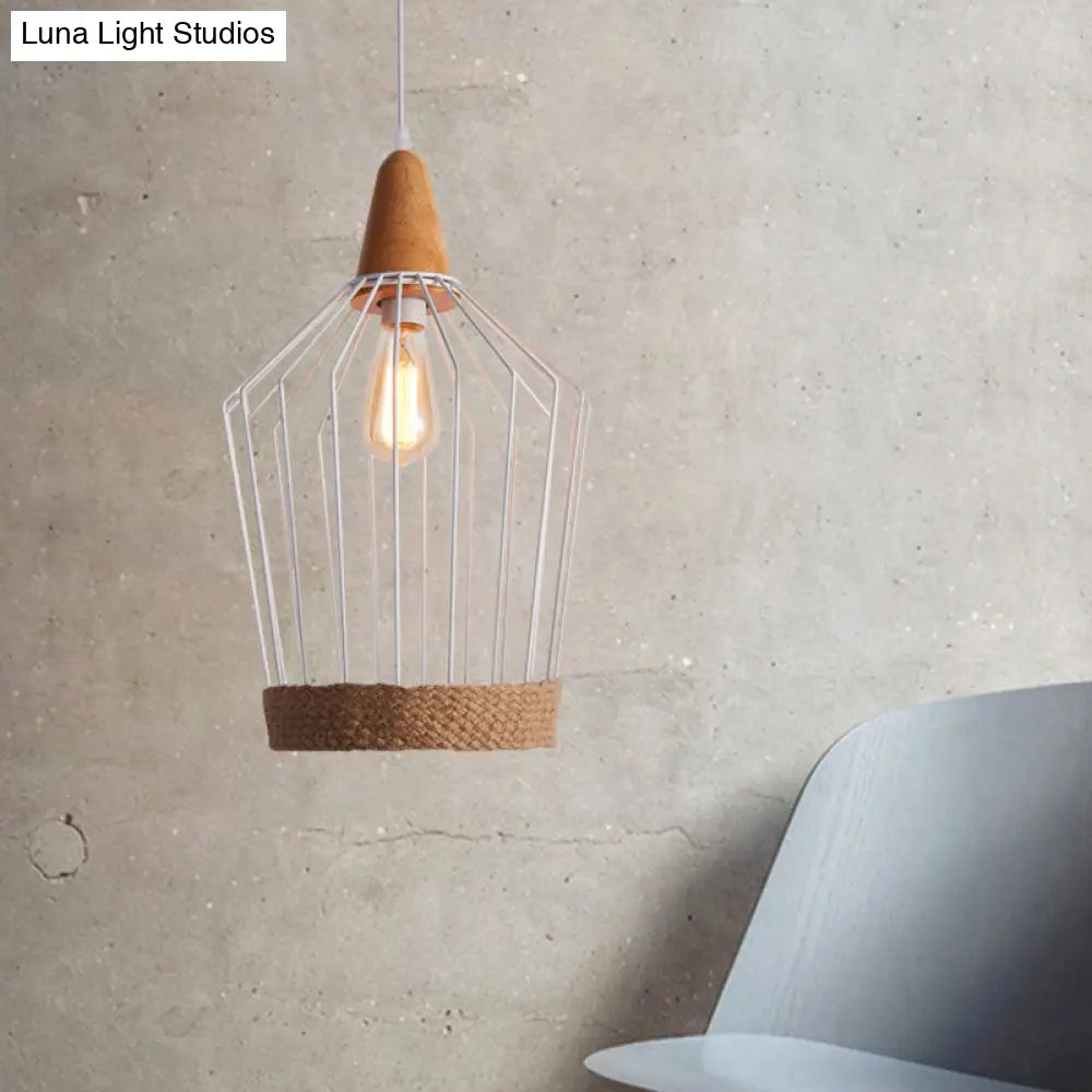 Black/White Metal & Rope Pendant Light - Country Style Tapered Suspension Ideal For Restaurants