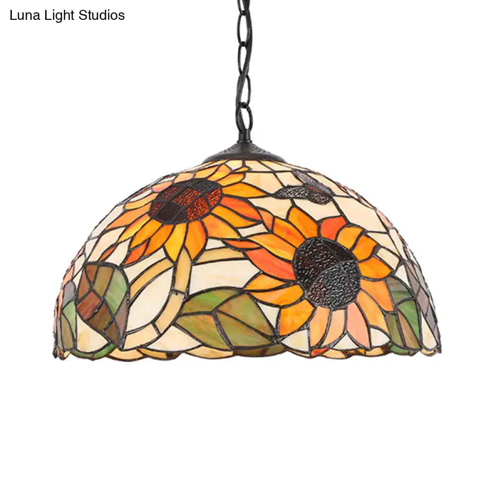 Baroque Floral Pattern Stained Glass Pendant Lamp - Black/White 1-Light Domed Hanging Light Kit For