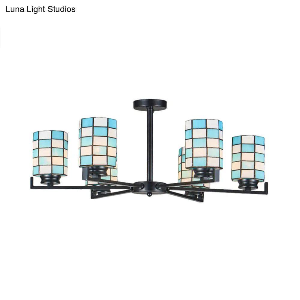 Black/White Stained Glass Semi Mount Cylinder Ceiling Light - 3/6/8 Lights Baroque Style