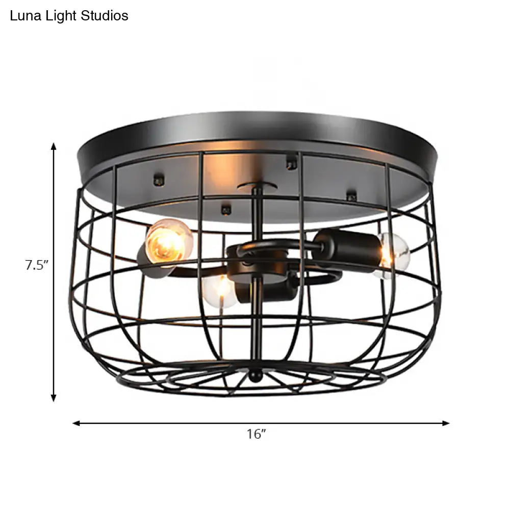 Black Wire Cage Metal Flush Mount Pendant Light - Industrial Style With 3 Lights Perfect For