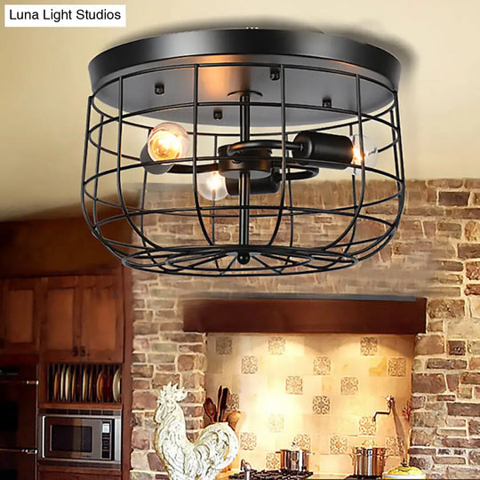 Black Wire Cage Metal Flush Mount Pendant Light - Industrial Style With 3 Lights Perfect For