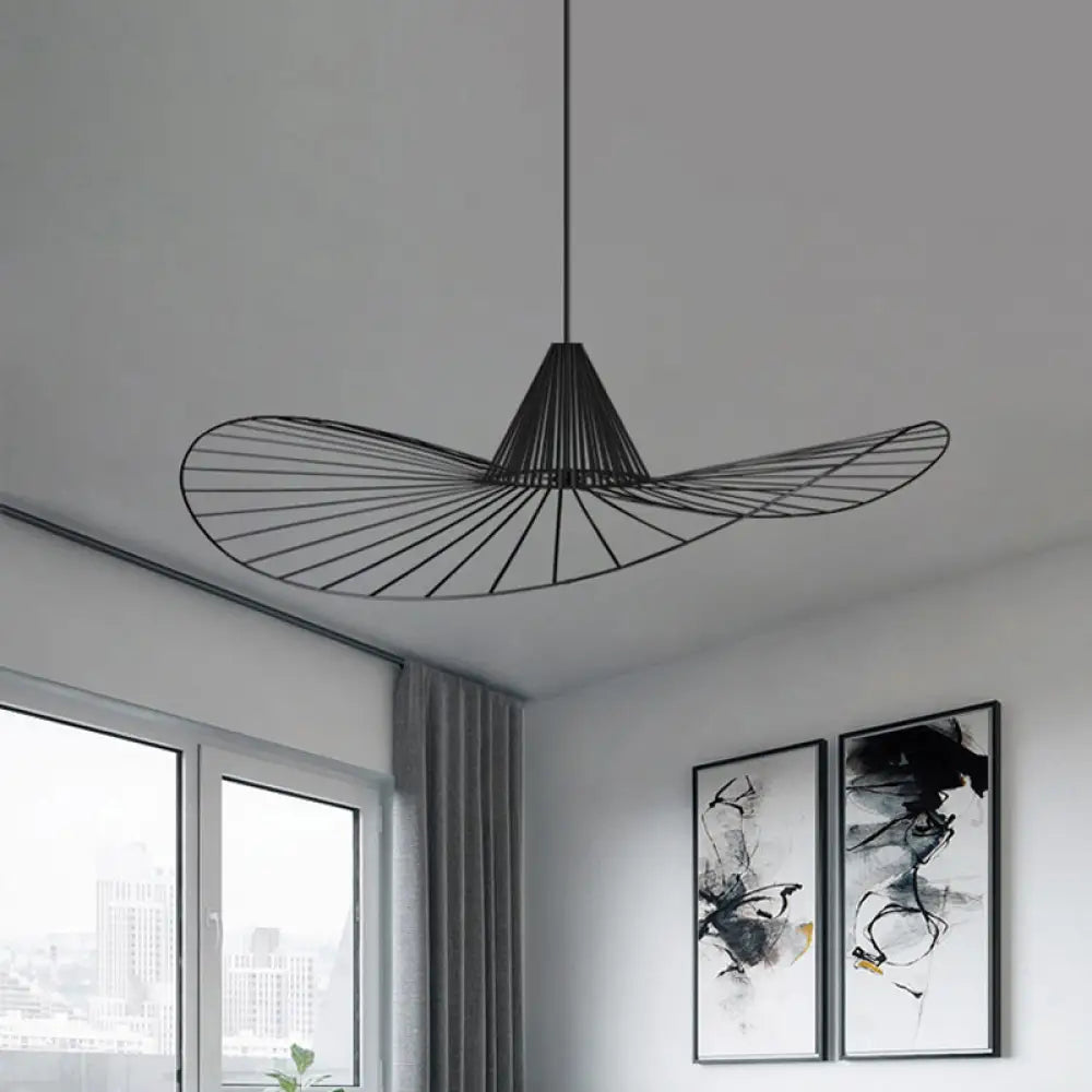 Black Wire Hat Shaped Pendant Lamp – 1 Light | Simple Style Suspension For Restaurants / 23.5’’